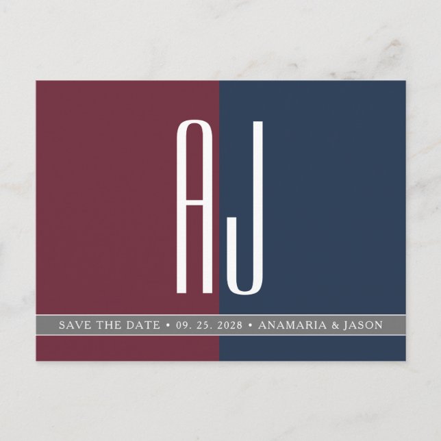 Cartão Postal De Anúncio Salvar a data de casamento moderno azul marinho da (Frente)