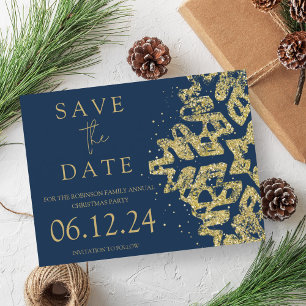 Cartão Postal De Anúncio Salvar a Data de Natal Moderno Dourado Glitter Azu