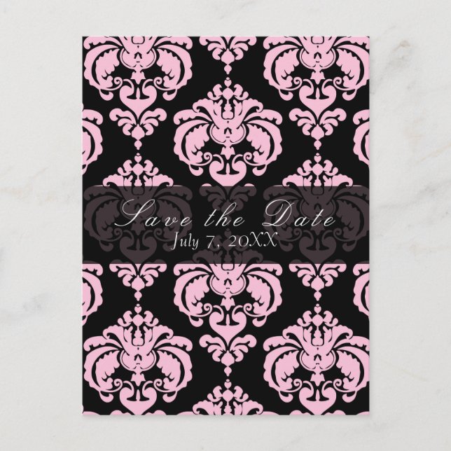 Cartão Postal De Anúncio Salvar a data do casamento Black & Pink Damask Chi (Frente)