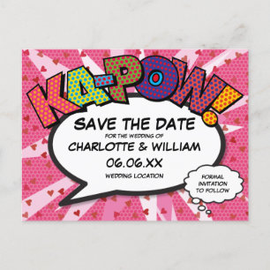 Cartão Postal De Anúncio Salvar a Data do Comic Book KAPOW Rosa Moderno Div