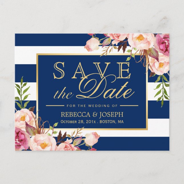 Cartão Postal De Anúncio Salvar a data - Douradas faixas azuis do Marinho F (Frente)