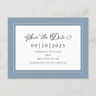 Cartão Postal De Anúncio Salvar a data Dusty Blue Wedding Elegant Script