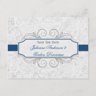 Cartão Postal De Anúncio Salvar a Data em Azul Escuro e Cinza Damask