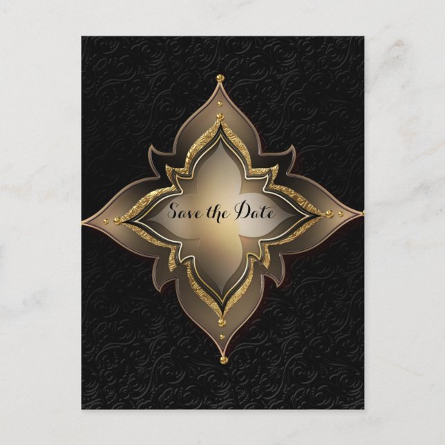 Cartão Postal De Anúncio Salvar a Data Flor Exótica Glam Black Ouro (Frente)