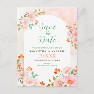 Cartão Postal De Anúncio Salvar a Data Floral Aquarela Rosa e Verde