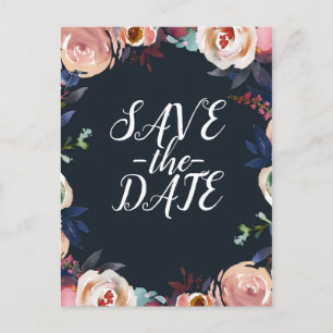 Cartão Postal De Anúncio Salvar a data floral pastel rosa beijo e azul escu