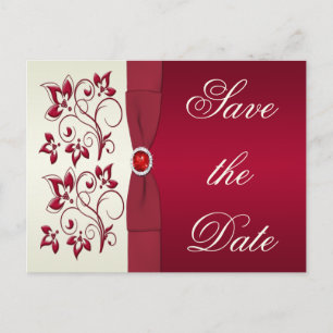 Cartão Postal De Anúncio Salvar a data floral vermelho e marfim