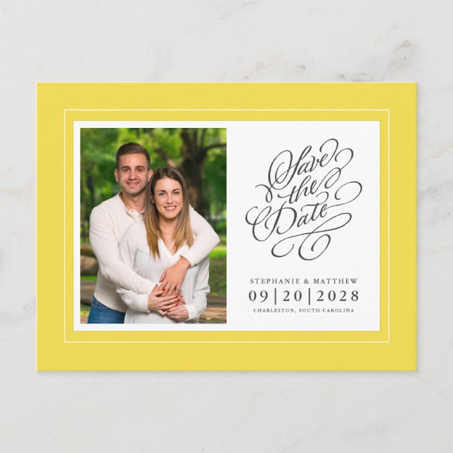 Cartão Postal De Anúncio Salvar a Data Foto Amarelo Casamento Elegante (Frente)