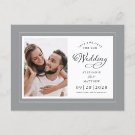 Cartão Postal De Anúncio Salvar a Data Foto Cinza e Branco Casamento Elegan