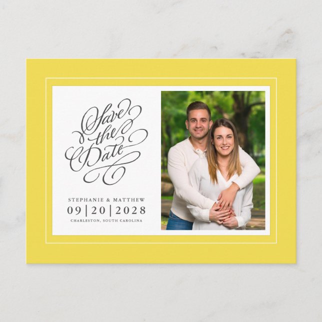 Cartão Postal De Anúncio Salvar a Data Foto Imagem Amarelo Casamento Elegan (Frente)