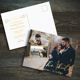 Cartão Postal De Anúncio salvar a data ouro casamento 3 colagem de fotos