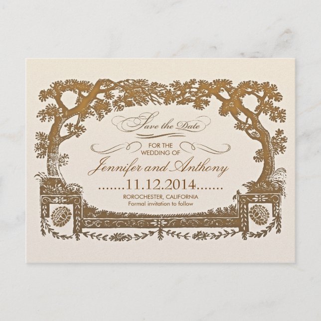 Cartão Postal De Anúncio salvar a data vintage árvores tipográficas postais (Frente)