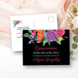Cartão Postal De Anúncio Salvar as Flores de Festa de Data Pretas e Florais<br><div class="desc">Floral Salve os Cartões-postais de data com flores de fiesta de aquarela, que podem ser personalizados para qualquer ocasião. Esta carta preta tem uma abundância de flores coloridas, elegante roteiro rosa e tipografia moderna. Um belo design floral que inclui a peônia, o rosa, a fúcsia, a líbia e o verde...</div>