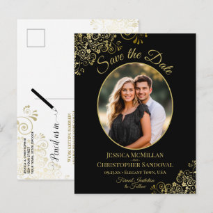 Cartão Postal De Anúncio Salvar data de casamento preto com renda dourada F