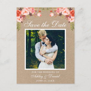Cartão Postal De Anúncio Salvar Data Floral Coral Foto Kraft