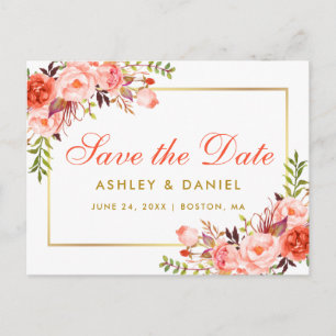 Cartão Postal De Anúncio Salvar Data Floral Coral Moderno Dourado