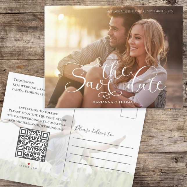 Cartão Postal De Anúncio Salvar Data Foto Código QR Script Elegante (Criador carregado)