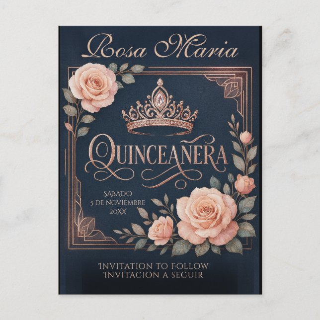 Cartão Postal De Anúncio Salvar Data/ Reserva Espanhol Quinceañera Rosas (Frente)