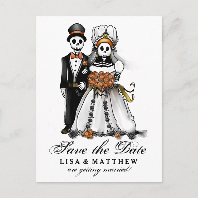 Cartão Postal De Anúncio Salvar Data Skeletons de Halloween Laranja PostCar (Frente)