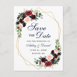 Cartão Postal De Anúncio Salvar o quadro Dourado azul floral de Borgonha da