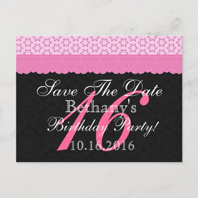 Cartão Postal De Anúncio Salve a Data 16º Aniversário Rosa e Renda Preta (Frente)