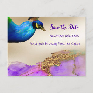 Cartão Postal De Anúncio Salve a data, 50ª Design de Pavão de Festa de aniv