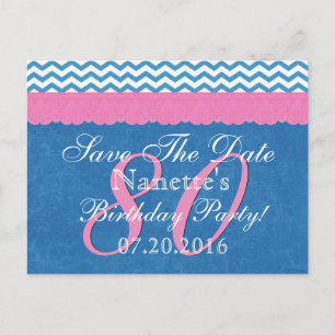 Cartão Postal De Anúncio Salve a data 80 Aniversário Cor-de-Rosa Azul