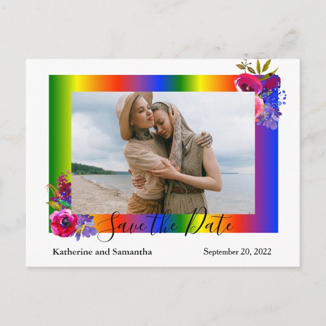 Cartão Postal De Anúncio Salve a Data Arco-íris Floral Gay (Frente)