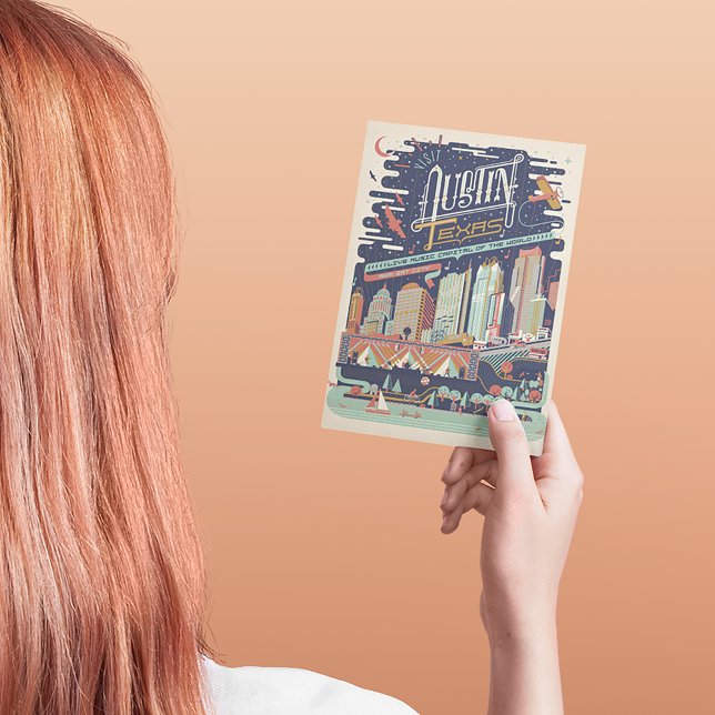 Cartão Postal De Anúncio Salve a Data | Austin, Texas - Conhecido como: Bat (Person holding postcard)