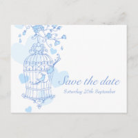 Salve a data cartão gaiola de pássaro azul e branc