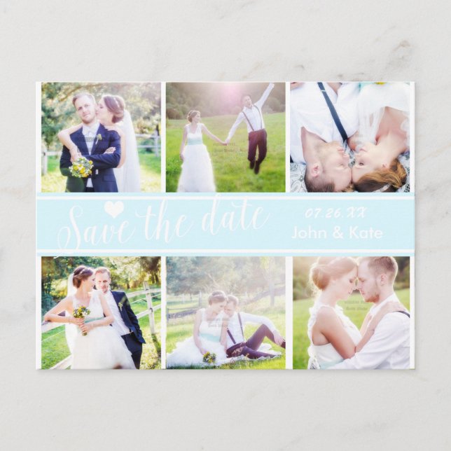 Cartão Postal De Anúncio SALVE A DATA Casamento Azul Claro 6 Postcard FOTO (Frente)