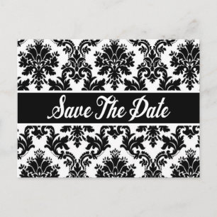 Cartão Postal De Anúncio Salve a Data Casamento Preto e Branco Damask