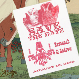 Cartão Postal De Anúncio Salve a Data Chandelier de Chapéu de Cowboy Rosa W