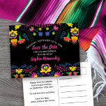 Cartão Postal De Anúncio Salve a data colorida mexicana Fiesta Floral<br><div class="desc">Salve o Cartão-postal de data que você pode personalizar para se adequar a qualquer ocasião. A design floral de fiesta mexicana tem uma abundância de flores coloridas na frente com tipografia escovada manuscrita a rosa, sobre fundo preto. O modelo está configurado para você personalizar o cartão postal com sua data...</div>