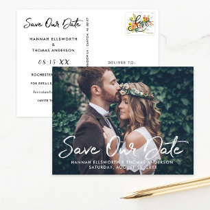 Cartão Postal De Anúncio Salve a Data com Foto Completa em Letra Branca