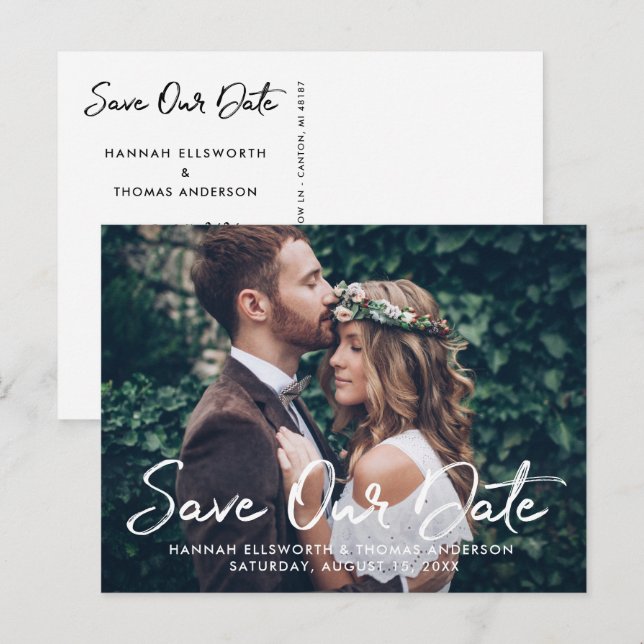 Cartão Postal De Anúncio Salve a Data com Foto Completa em Letra Branca (Frente/Verso)