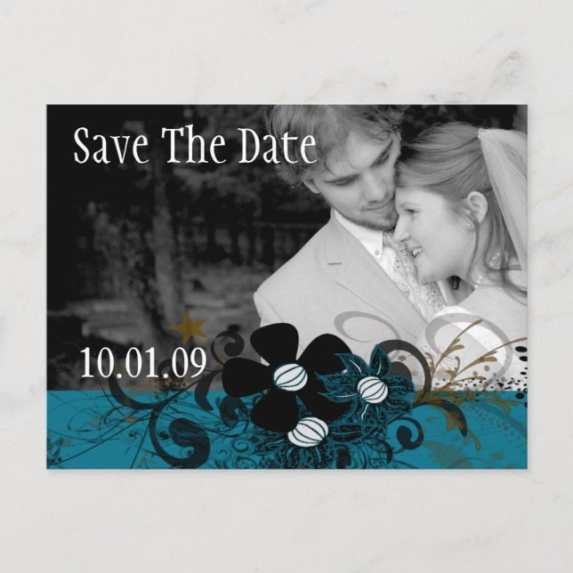 Cartão Postal De Anúncio Salve a data com sua foto profundamente azul (Frente)