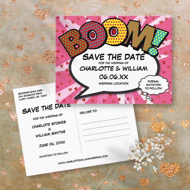 Cartão Postal De Anúncio Salve a Data Comic Book BOOM Modern Pink Diversão (Save the Date Comic Book BOOM Modern Pink Fun Announcement Postcard)