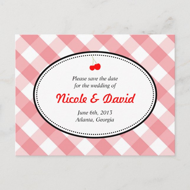 Cartão Postal De Anúncio Salve a data country rústico gingham rosa cereja (Frente)