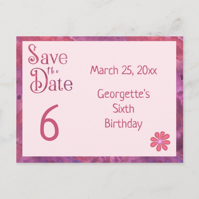 Cartão Postal De Anúncio Salve a Data de 6º Aniversário para uma Menina (Frente)