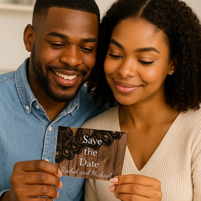 Cartão Postal De Anúncio Salve a Data de Noivado em Renda Preta e Madeira (Criador carregado)