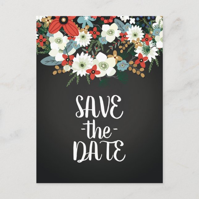 Cartão Postal De Anúncio Salve a Data do Casamento Floral Escuro Ousado e E (Frente)