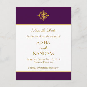 Cartão Postal De Anúncio Salve a data Dourada e o Cartão-postal roxo