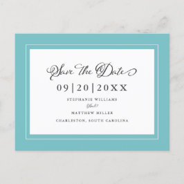 Cartão Postal De Anúncio Salve a Data | Elegante Casamento Azul Água Verde