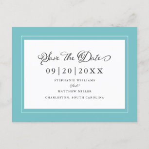 Cartão Postal De Anúncio Salve a Data Elegante Casamento Azul Água Verde