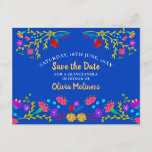 Cartão Postal De Anúncio Salve a Data Festa Mexicana Floral Azul Royal