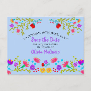 Cartão Postal De Anúncio Salve a Data Floral Mexicana Festa Azul Claro