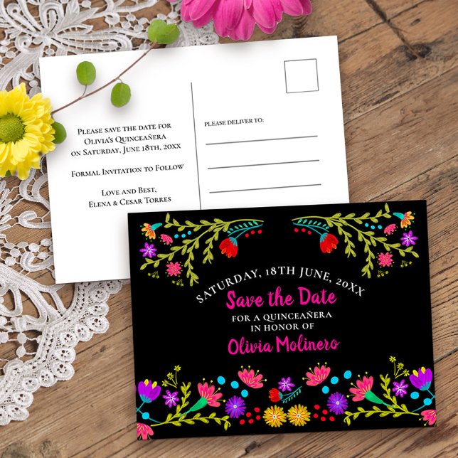 Cartão Postal De Anúncio Salve a Data Floral Mexicana Fiesta Black (Quinceanera save the date from my Mexican Fiesta Floral collection
)