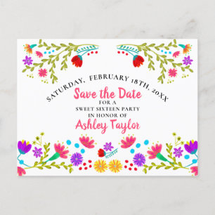 Cartão Postal De Anúncio Salve a Data Floral Mexicana Fiesta Branco 16 Anos