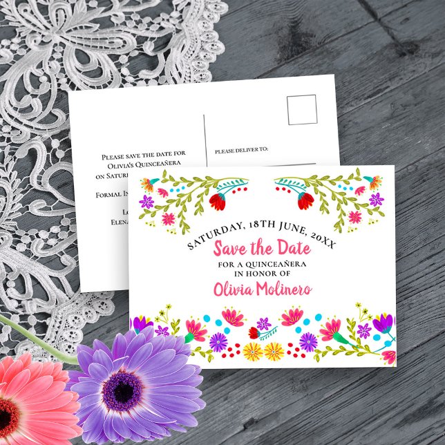 Cartão Postal De Anúncio Salve a Data Floral Mexicana Fiesta White (Save the Date Postcard from my Mexican Fiesta Flowers Quinceanera Collection)